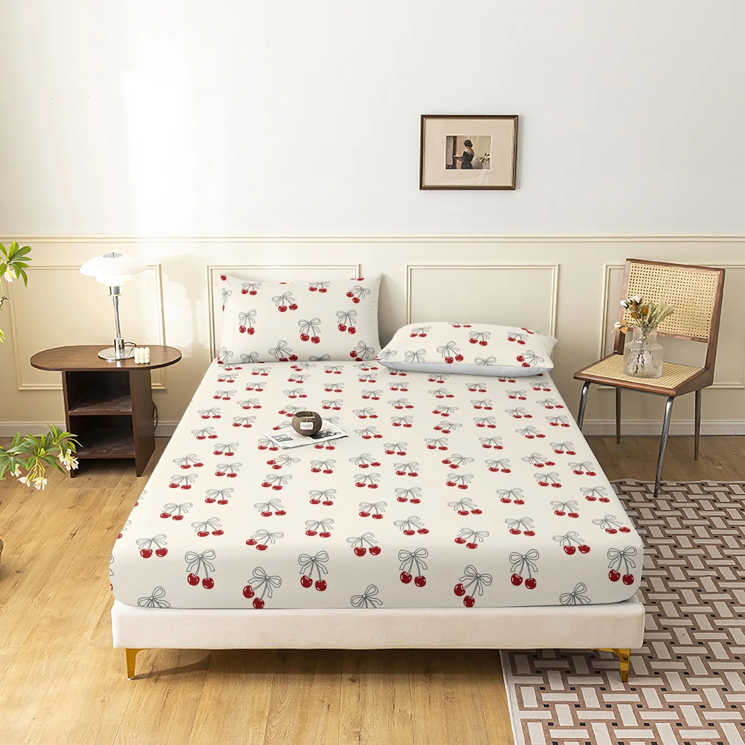 3Pcs Coquette Cherry Bow Fitted Sheet Bedding Set, Cream White Cute Red Cherry & Bow Print Bed Fitted Sheet,  Bedroom Decor