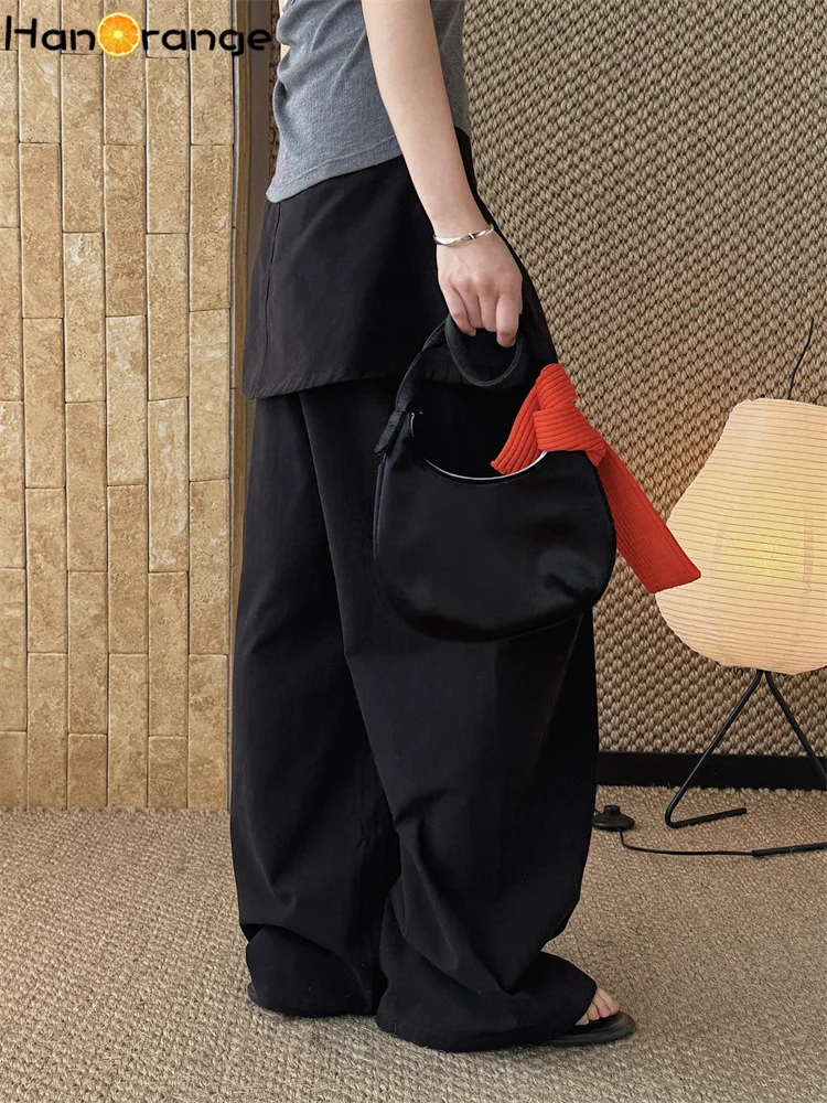 HanOrange 2026 Spring Fashion Two Piece Detachable Skirt Curtain Pants Women Layered Trousers White/Black/Light Blue