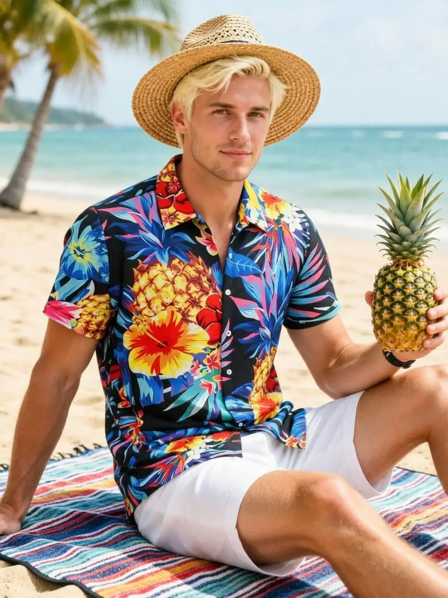 

Mens Hawaiian Shirt Short Sleeve Button Down Tropical Floral Print Beach Vacation Top