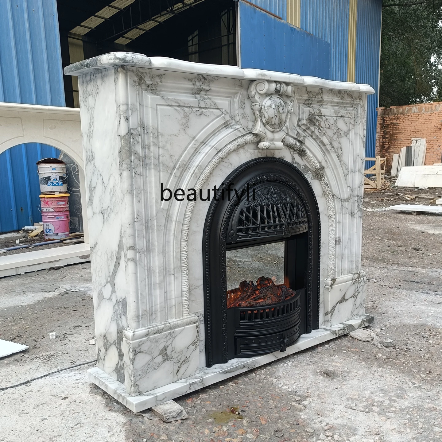 Marble fireplace white French stone carving retro interior entrance decorative cabinet fireplace rack