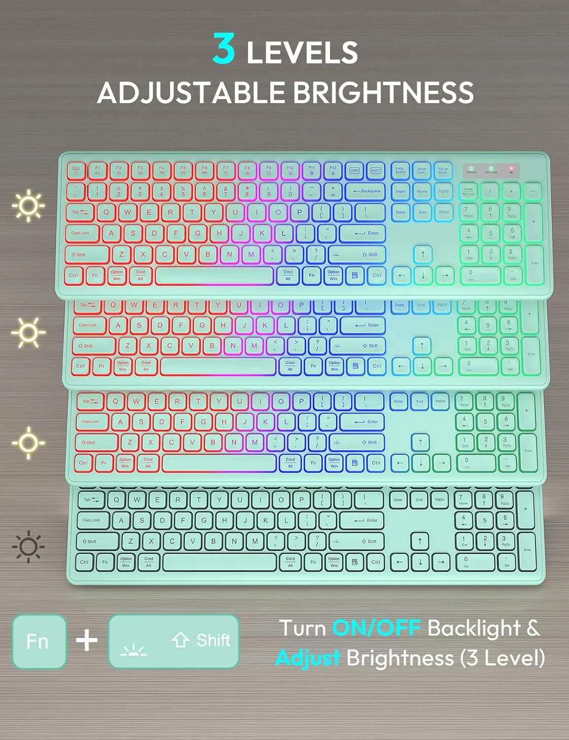 2.4G Wireless Keyboard Mouse Combo Full-Size Rainbow Backlit Light Up Letters Adjustable Brightness Gaming Mouse for Mac Windows