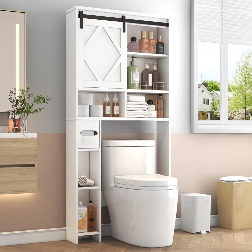over the toilet storage cabinet with farmhouse sliding barn door, above toilet organizer with toilet paper holder stand, behind