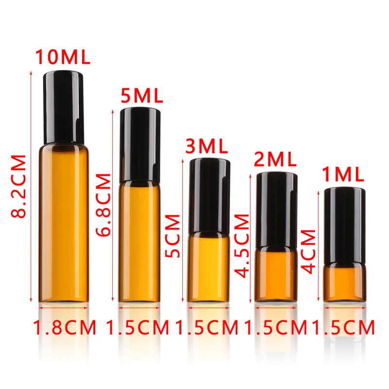 5Pcs 1/2/3/5/10ml Amber Glass Essential Oil Roller Bottles Roller Balls Vials Roll on Bottles Container For Aromatherapy Perfume