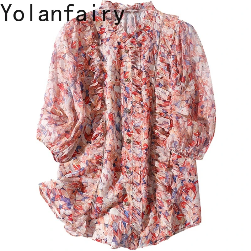 

YOLANFAIRY 100% Real Mulberry Silk Shirts for Woman Summer 2025 Elegant Floral Shirt Women Clothing Puffed Sleeves Tops Mujer