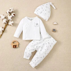 Newborn Baby Set Round Neck Long Sleeved Top+Elephant Print Pants+Hat 3PC Suitable for Autumn Set for Babies Aged 0-9 Months