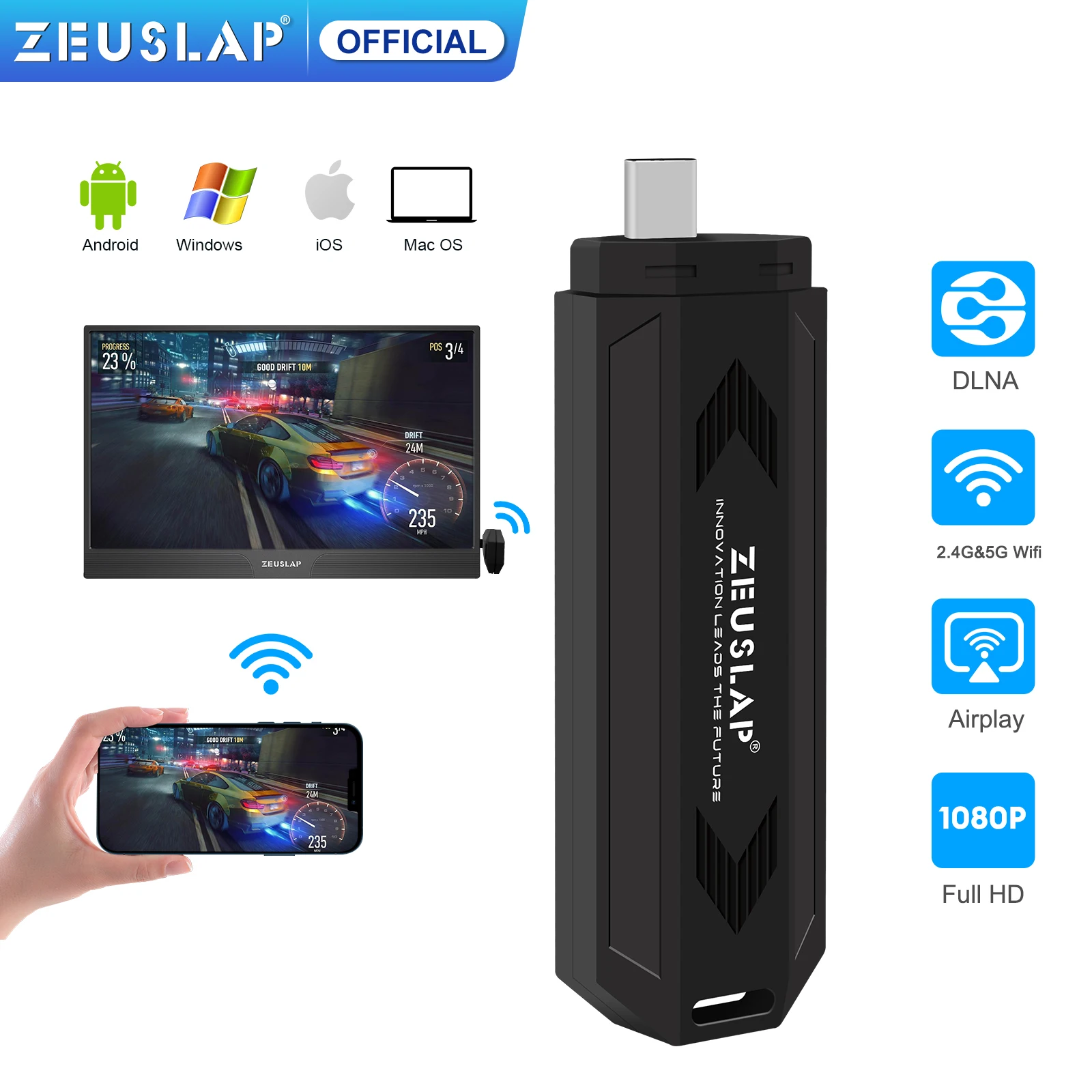 ZEUSLAP-썬더볼트 타입 C 1080P 무선 WiFi 디스플레이 TV 동글 수신기, Miracast Airplay DLNA 휴대용 모니터