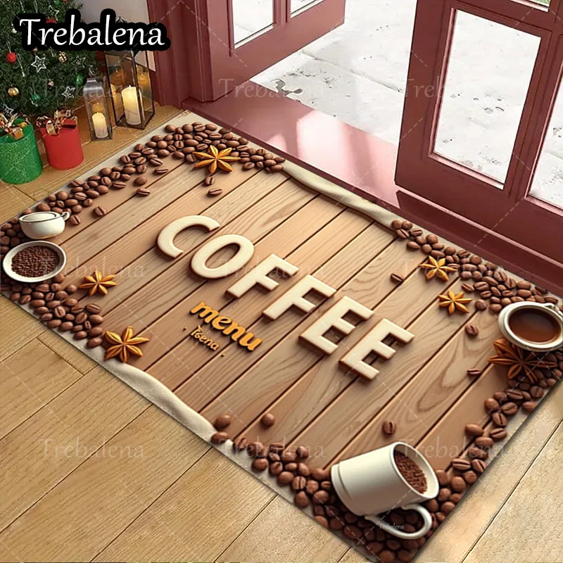 

1pc Welcome Door Mat Coffee Bean Star Anise Wooden Floor Mat For Kitchen Decor