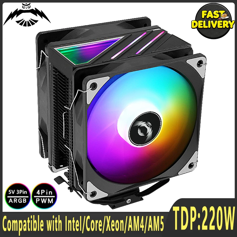 CPU Coolers-Black Knight Compatible LGA115x 1200 1700 1851 2011 2066 X99 AM5 AM4 Durable 4/6 Heat Pipe 120mm ARGB Fan Air-cooled
