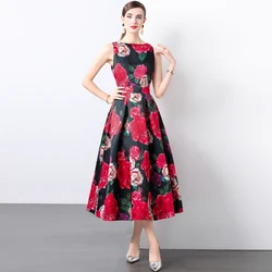 New Fashion Flower Print Women Vest Midi Dress Elegant O Neck Summer Sleeveless Slim High Waist A Line Party Runway Tank Dress