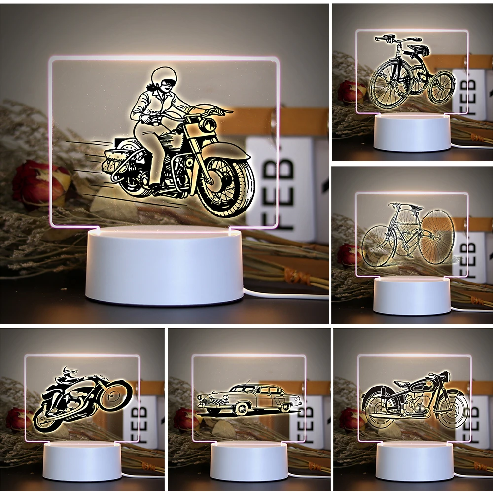 

Hot Vintage Black Bicycle Car Motor 3D Arcylic LED NIight Light as Childrens Birthday Gift Home Room Lamp Bedroom Decoration