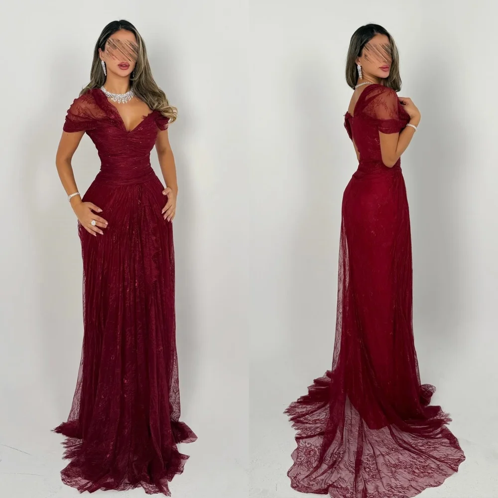 Customized Sexy Exquisite Lace Pleat Ruched A-line Off-the-shoulder Long Dresses Bespoke Occasion Dresses Sizes Available Casual