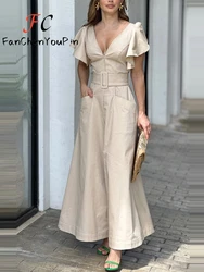 2024 Summer New Women's Dress Fashion Deep V Neck Solid Colors Ruffled Sleeves Long Skirt Sexy Temperament Belt Slim Fit Dresses