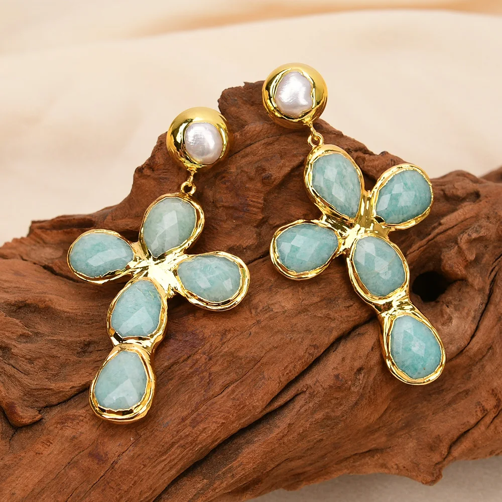 G-G Natural Green Amazonite Stone Crucifix Shape Dangle Pearl Stud Earrings