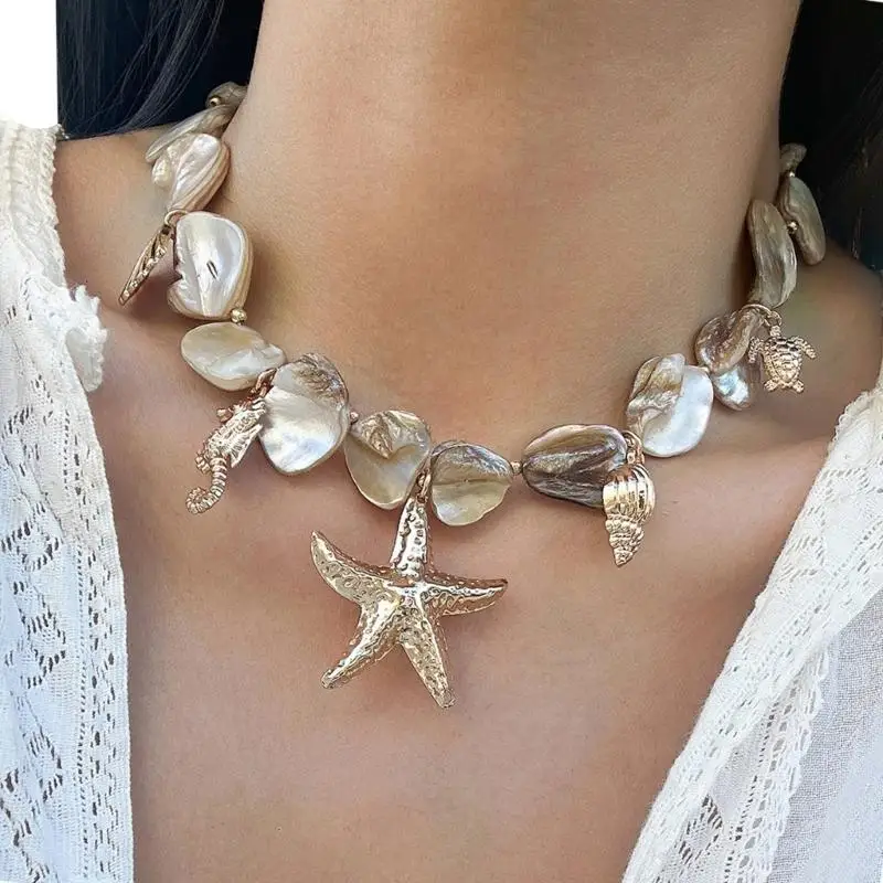 Collar cáscara gargantilla shell sharfishs estrellas marco falso perlas colgante declaración collar grueso