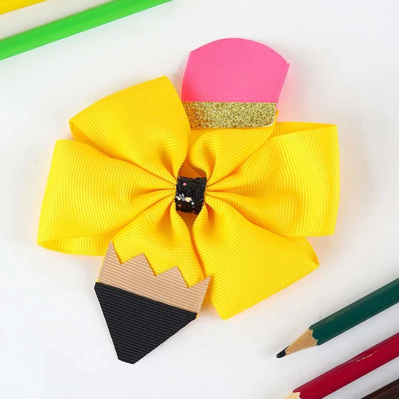 ncmama Back To School Pencil Ribbon Bow Hair Clips for Baby Girls Cute Solid Bowknote Hairpin Student Headwear Hair Accessories