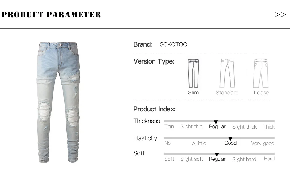 Herren Hellblaue Biker-Jeans mit Rissen, Falten und Patchwork-Design, Stretch-Denim-Hose, Streetwear, Löcher, Zerrissene Skinny-Hose – Detail 1