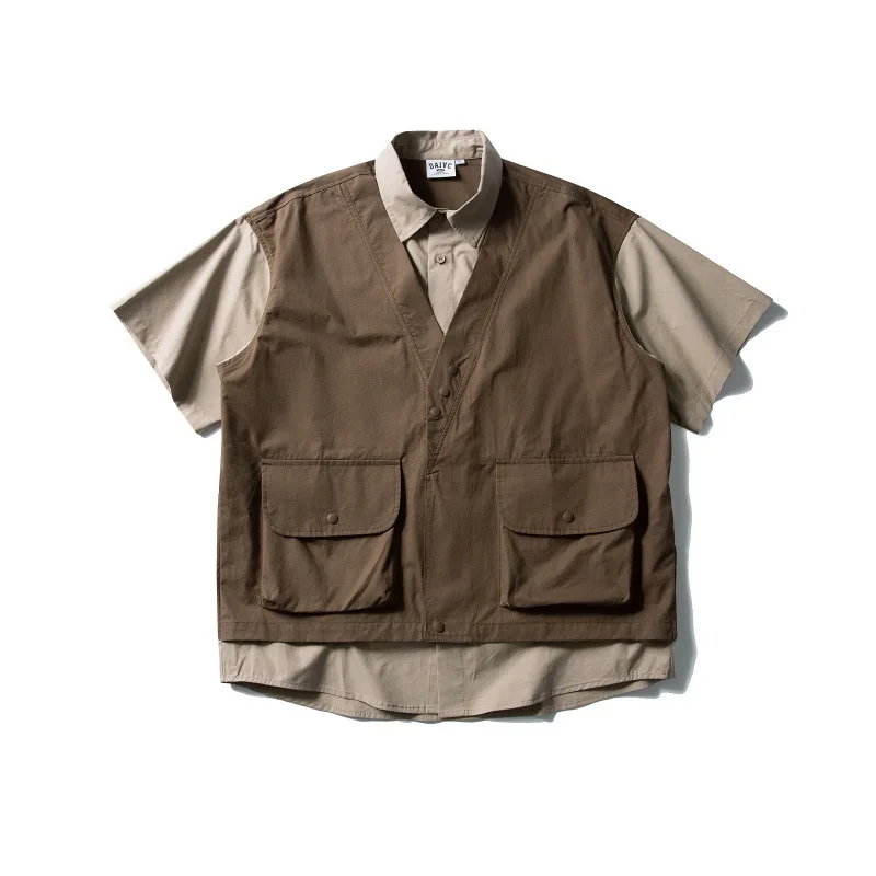 

100% Cotton Faux Two Piece Men‘s Work Shirts, Oversized Men Short Sleeve Shirt,Japanese Retro Breathable Clothes for Man