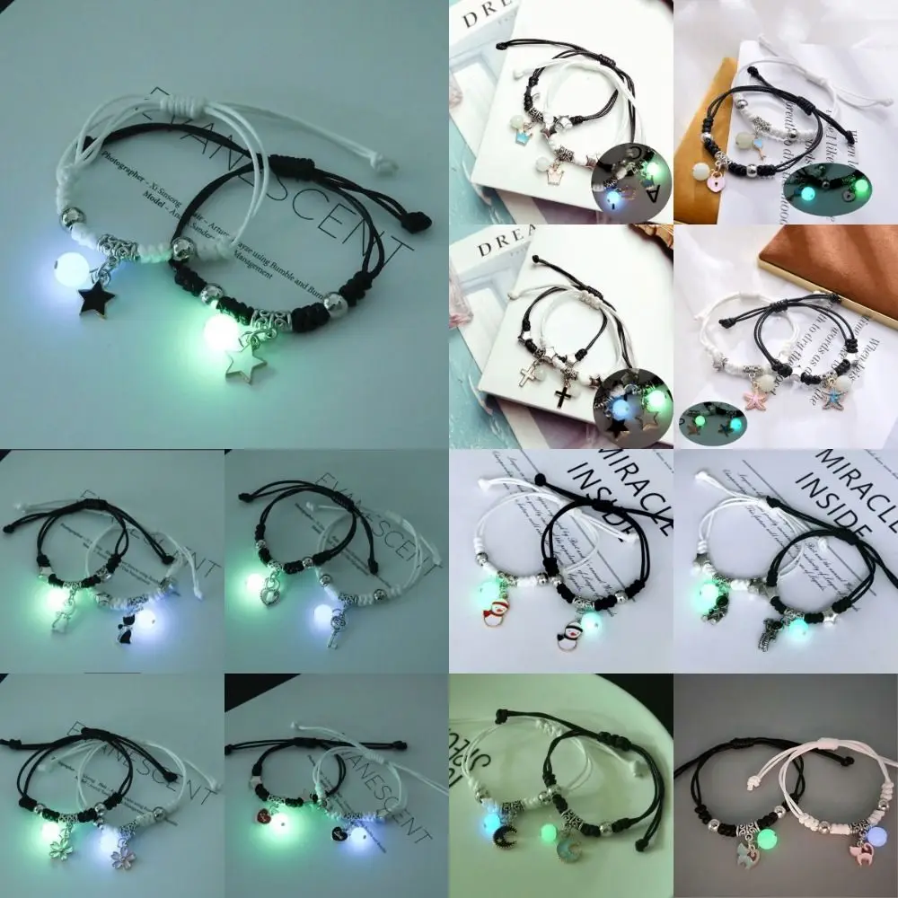 2Pcs Adjustable Luminous Beads Couple Bracelet Bracelet Jewelry Woven Rope Charms Bracelet Set Cat Heart Friendship Bracelet