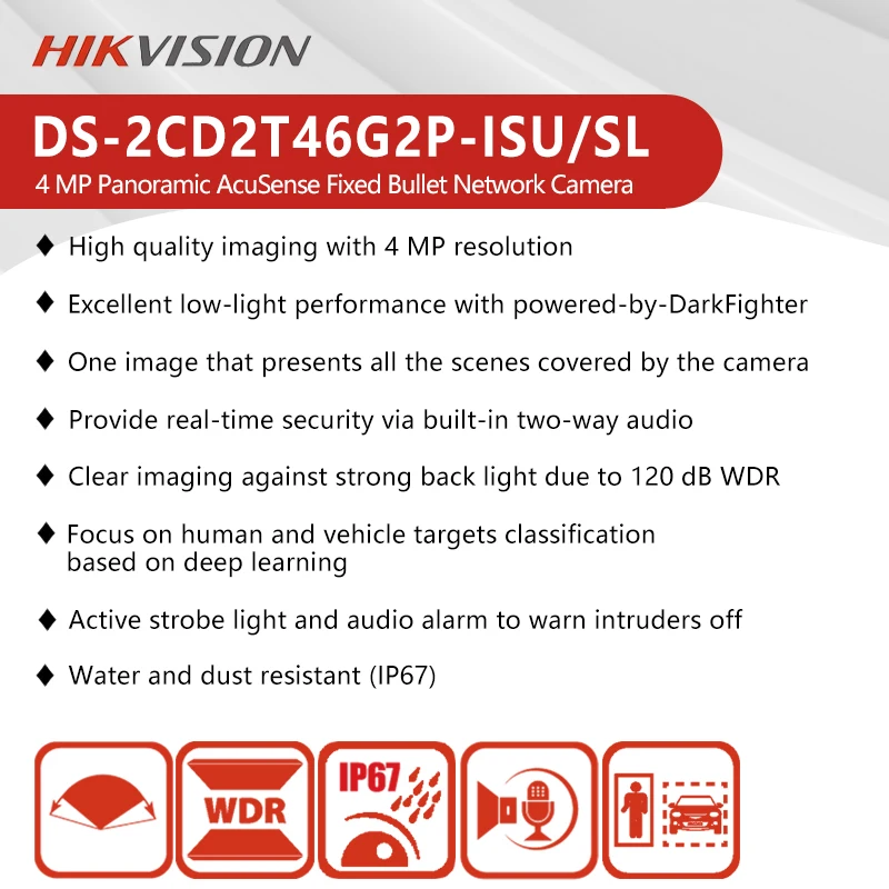 Hikvision 4MP Panoramic AcuSense Bullet IP Camera Human&Vehicle Detection Two-way Talk Security Protection DS-2CD2T46G2P-ISU/SL