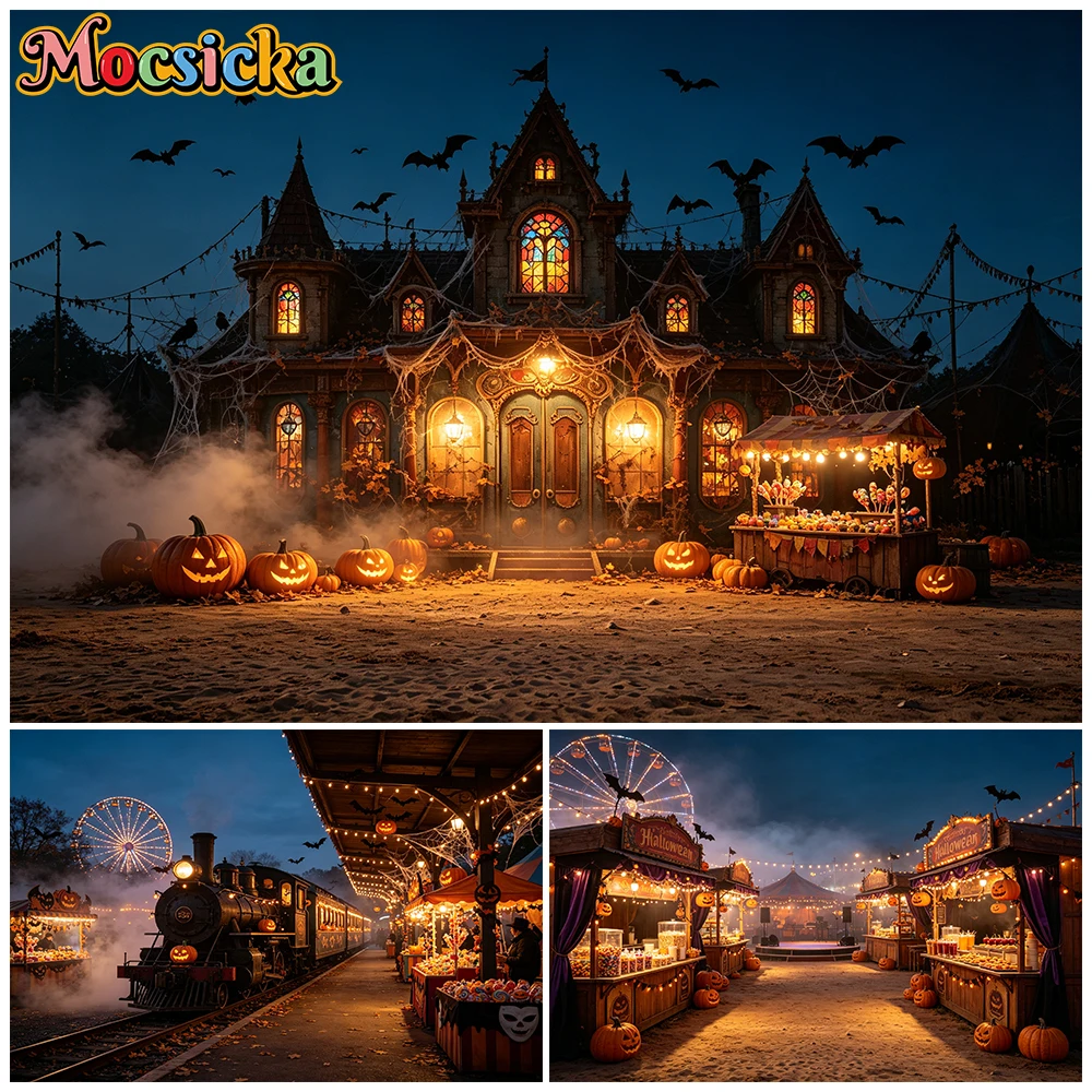 Mocsicka Halloween-Hexenhaus-Fotografie-Hintergrund, gotisches Hexenhaus, Nebel-Nacht-Fotohintergrund, Kinderporträt-Fotobox