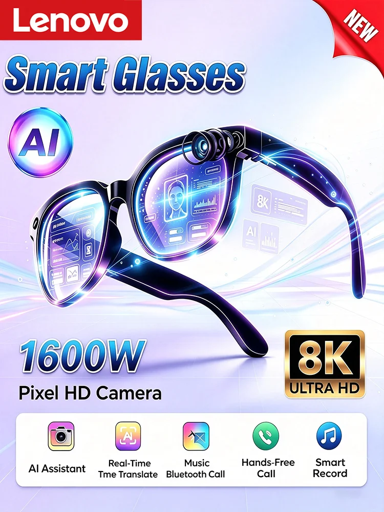 Nowe inteligentne okulary AI Lenovo 1600W HD 8K z kamerą do fotografowania, rozmowami głosowymi, tłumaczeniem, Bluetooth, okulary z kamerą AI dla mężczyzn i kobiet — zdjęcie produktu 7