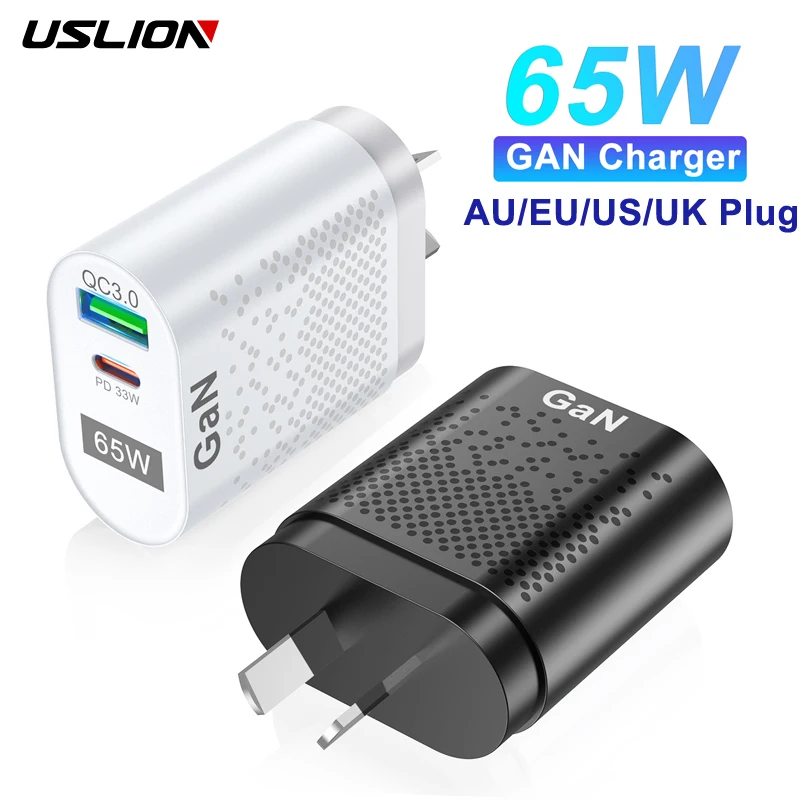 USLION AU EU US UK Plug 65W GaN Charger Tablet Laptop Fast Charger USB Type C Quick Charger Mobile Phone Charger For iPhone POCO