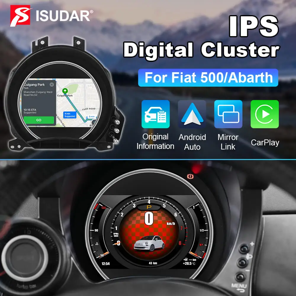 

7-дюймовый HD IPS-экран, цифровая приборная панель для Fiat 500, Abarth 500, панель кабины для carplay android, автозеркало, ссылка OTA