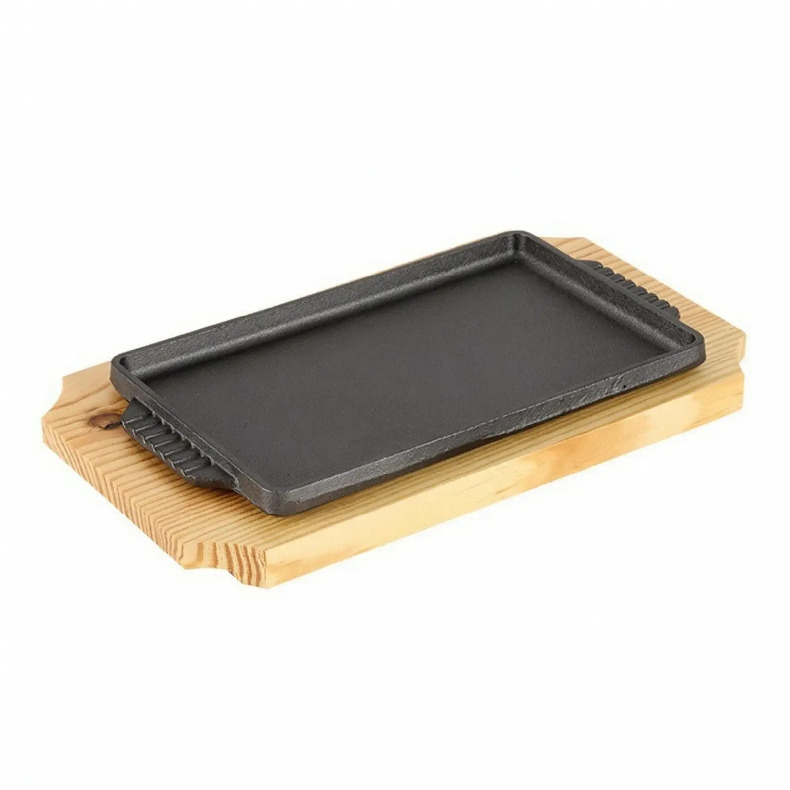 Heavy Duty Cast Iron Griddle Pan Uncoated Cooking Surface with Pine Wood Tray for Grilling Meat Fish and Seafood at Home