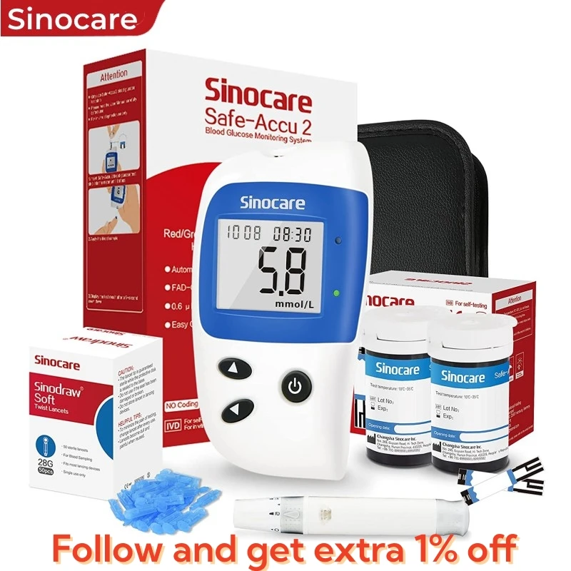 Sinoccer-glucometer لمقياس الجلوكوز في الدم ، طقم اختبار لمرض السكري ، مع 50 شريط أو شرائط فقط