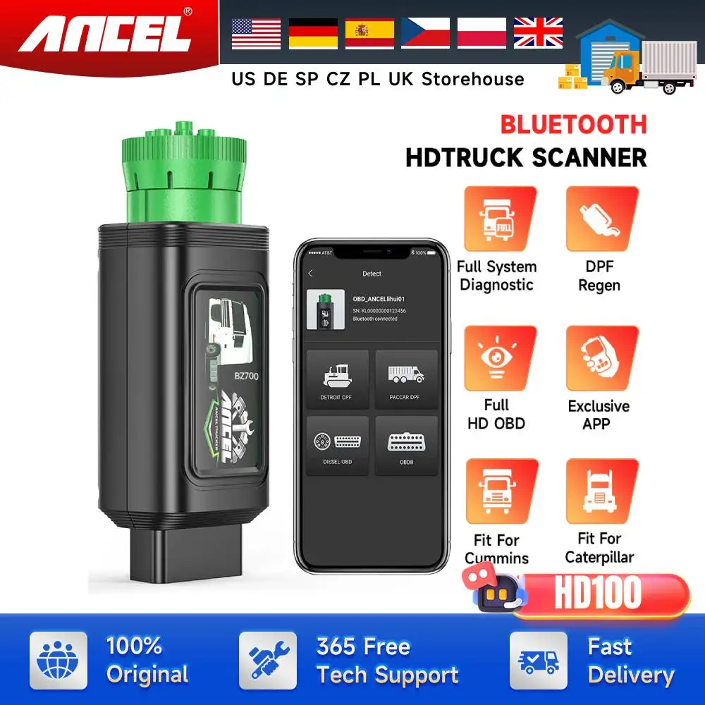 

Bluetooth-сканер для тяжелых грузовиков, полный системный считыватель кодов D-P-F Regen для Cummins для Caterpillar, 16-контактный/9-контактный ANCEL HD100