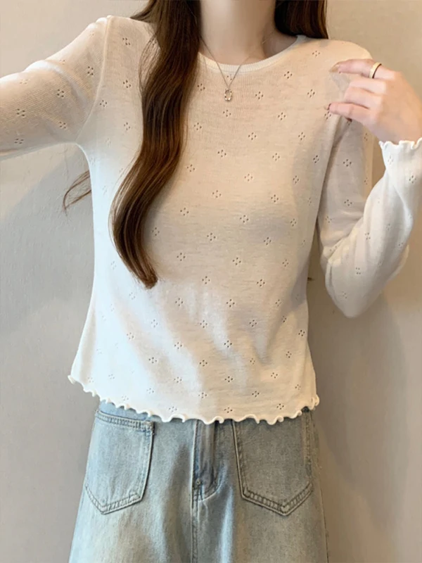 Korean Style Sweet Fashionable Wooden  round Neck Long Sleeve Knitted Short Top Women Spring Autumn Embroidery Hollow out...