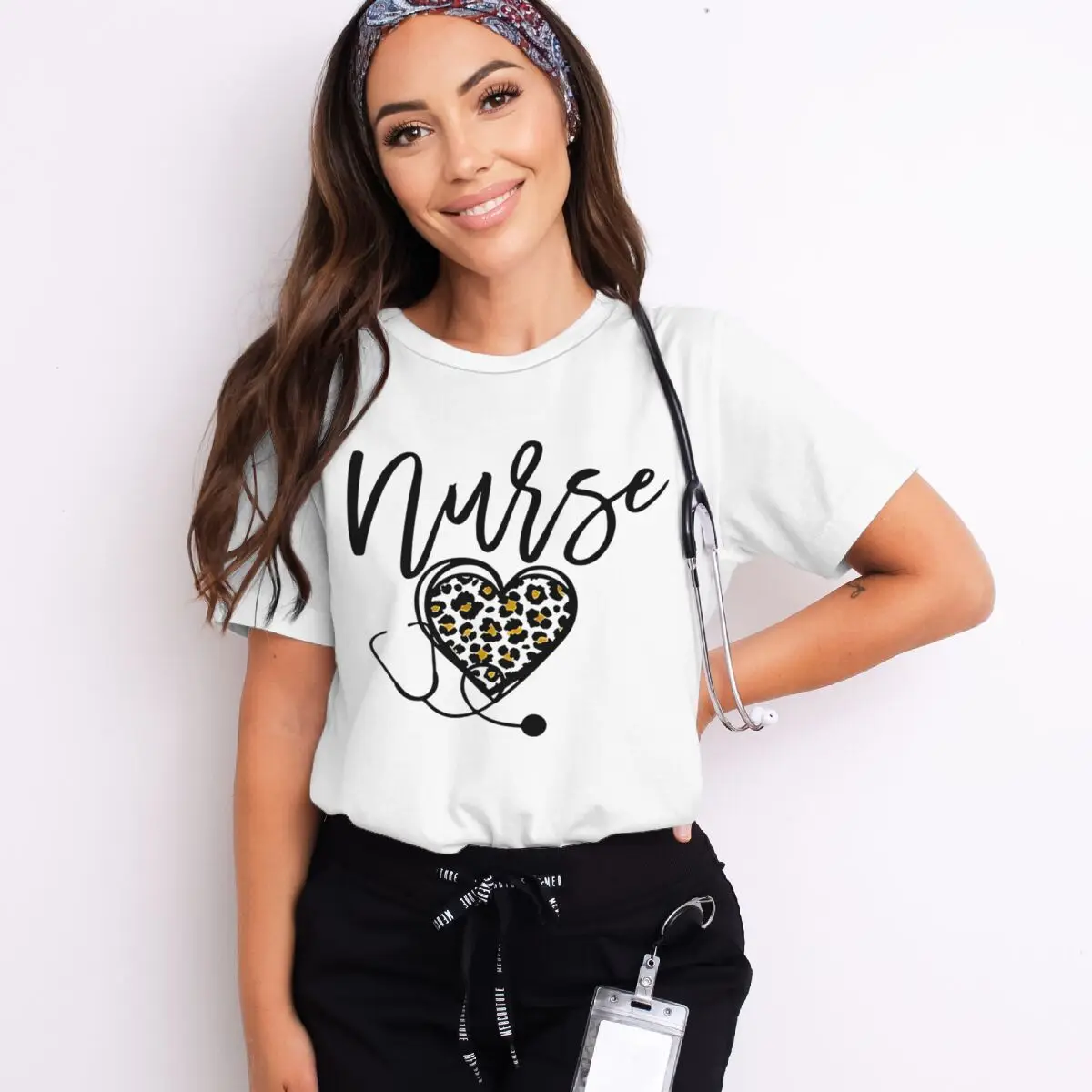 

New Nurse And Leopard Print Heart Graphic T Shirt Short Sleeve Crew Neck Casual Top For Women Fun Nurse Gifts T-shirts