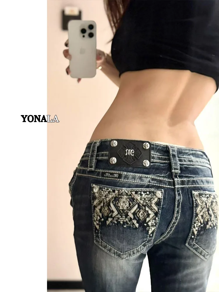 

Джинсы с низкой талией в американском стиле High Street и вышивкой стразами, женские брюки длиной до пола Y2K Millennium Spicy