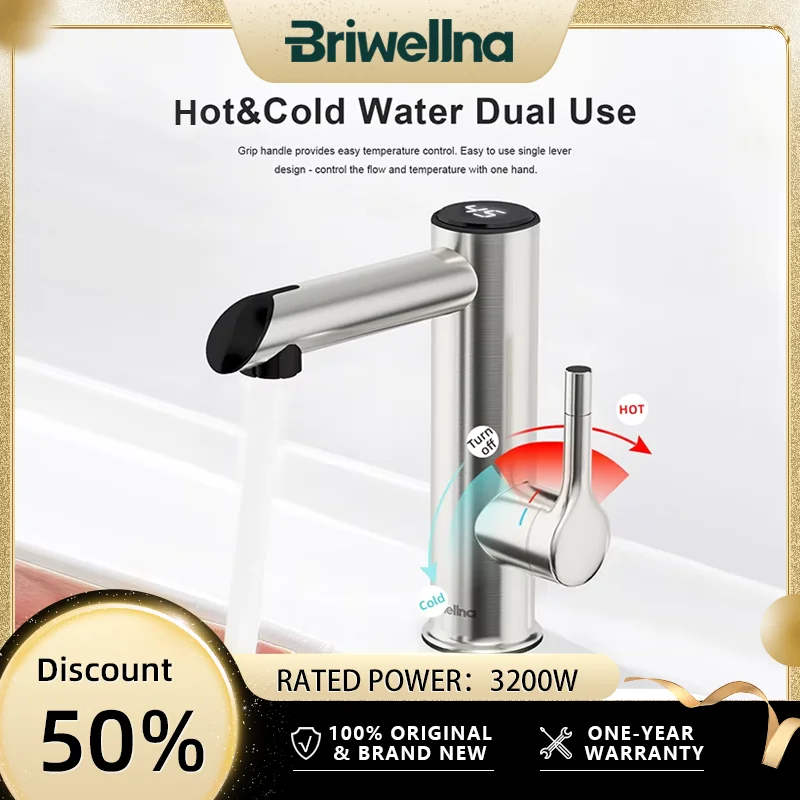 Briwellna Bathroom Electric Faucet Stainless Steel Hot Water Tap 220V Mini Water Heater Instant Hot Water Faucet 2 in 1 Mixer