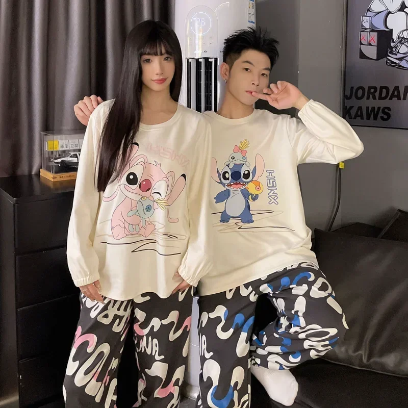 new  Disney Stitch Couple Pajamas Autumn with Chest Pad Crew Neck Long Sleeve Pants Two-piece Women's Pajamas 50% OFF Loungewear