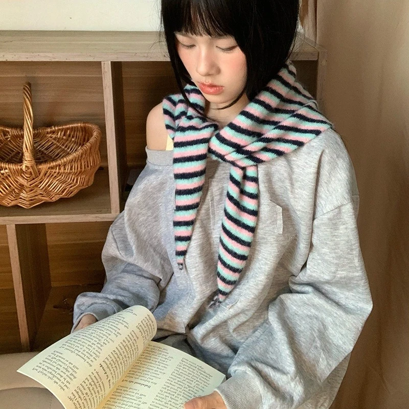 Striped Korean Ins Style Knitted Scarf Winter Ladies Japanese Wool Triangular Scarf Shawl Versatile Outdoor Jumper Accessories