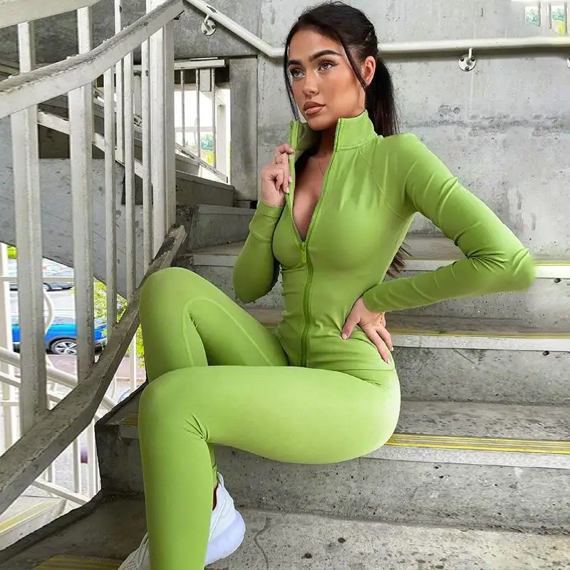 

Women's Fitn Yoga Suit Long Sve Zipper Stand up Collar Sports Jaet Tee Piece Set Pure Color European Sle Winter F...