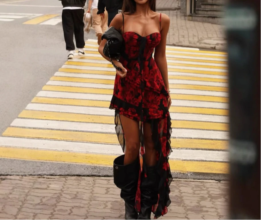 

Women Summer Dress Sleeveless Floral Print Slim Waist Fashion Casual Sundress