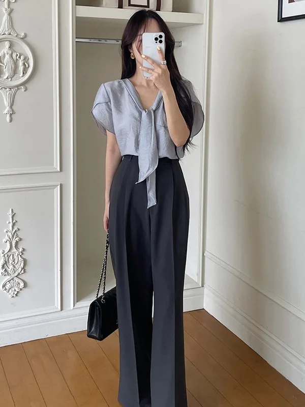 Csa E de Manga Corta con Cuello en V y Lazo para Mujer, Estilo Veraniego, Sensación de Madurez, Top Ultra Hermoso, ...