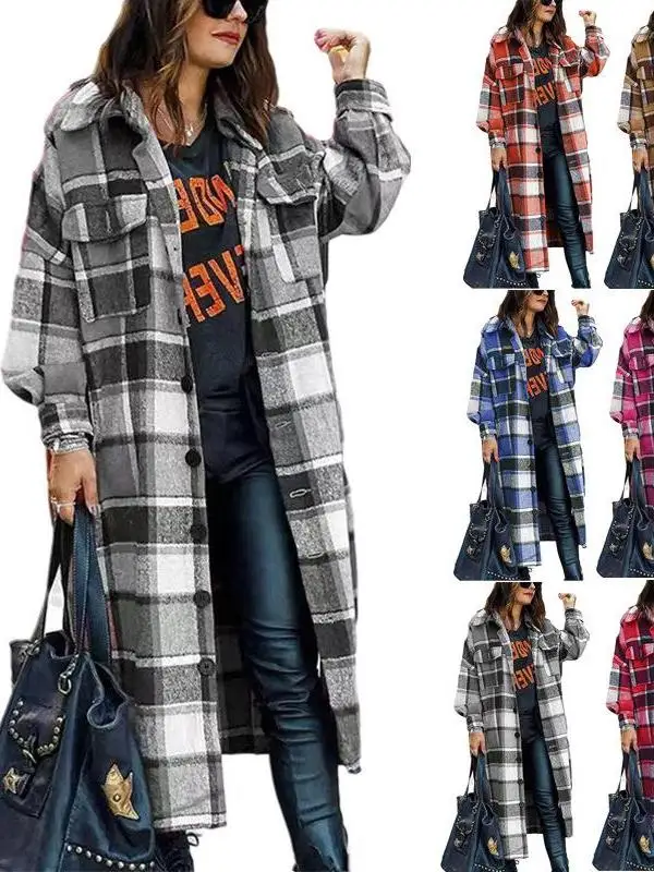 

Women's Long Plaid Shirt Sved Woolen Coat Cleanfit Style Winter Thickened Outerwear Chinese Production Mid-aged Suitable