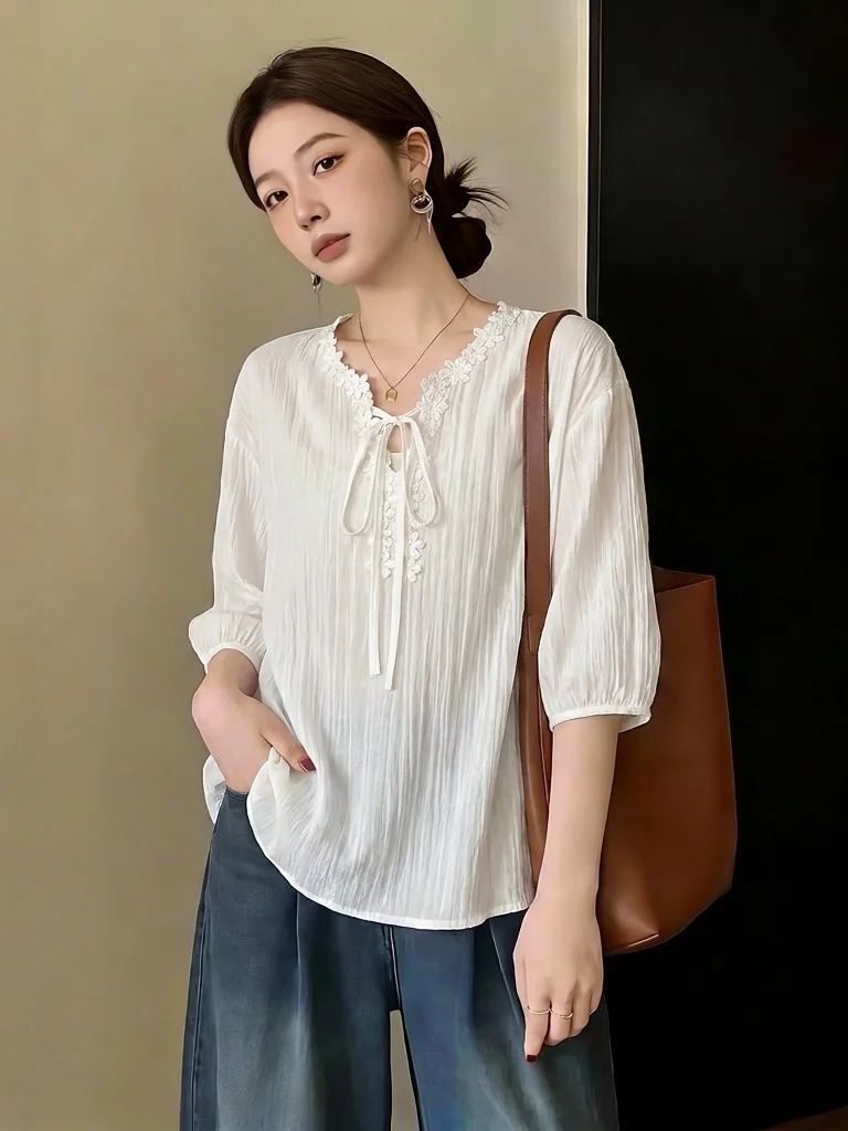 

Slim Fit Short Sleeve V-Neck Shirt Women's Korean Style Commute Fashion plus Size Seven Quarter Sleeve Top Summer New Arrival