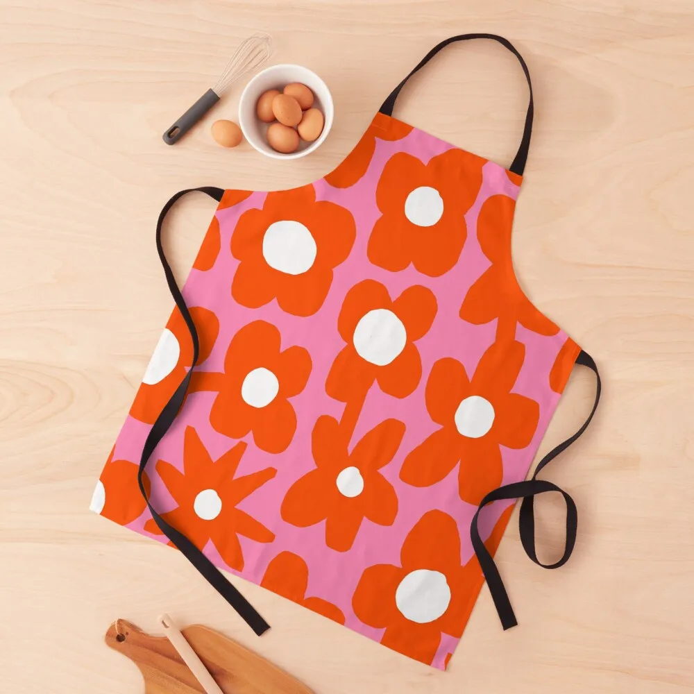 

Iconic Retro Scandinavian Summer Flowers in Hot Pink and Orange Apron For Hairdresser kitchen girl Apron