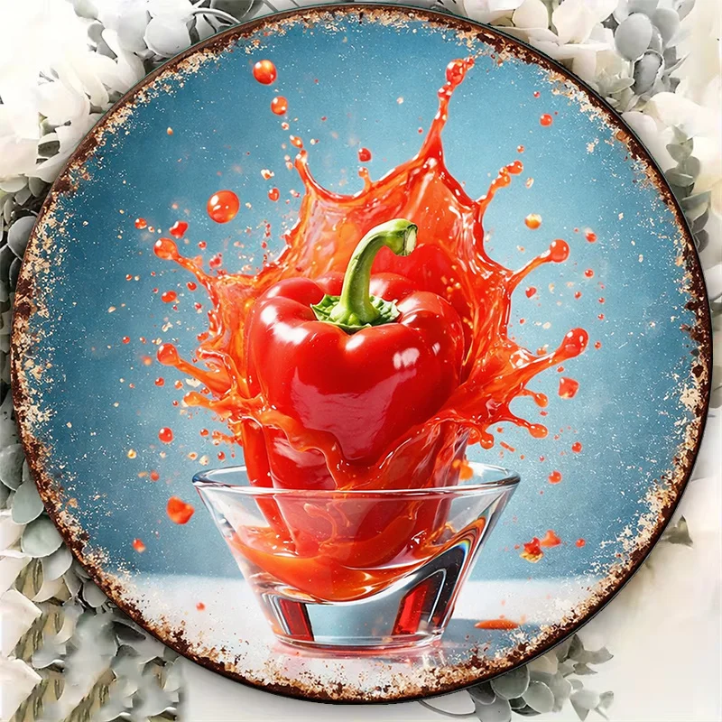 2D Flat, 1pc 8x8in/20x20cm 2D Flat Round Aluminum Sign, Vintage Aluminum Plaque Featuring Fresh Chili Peppers Splattering, Red C