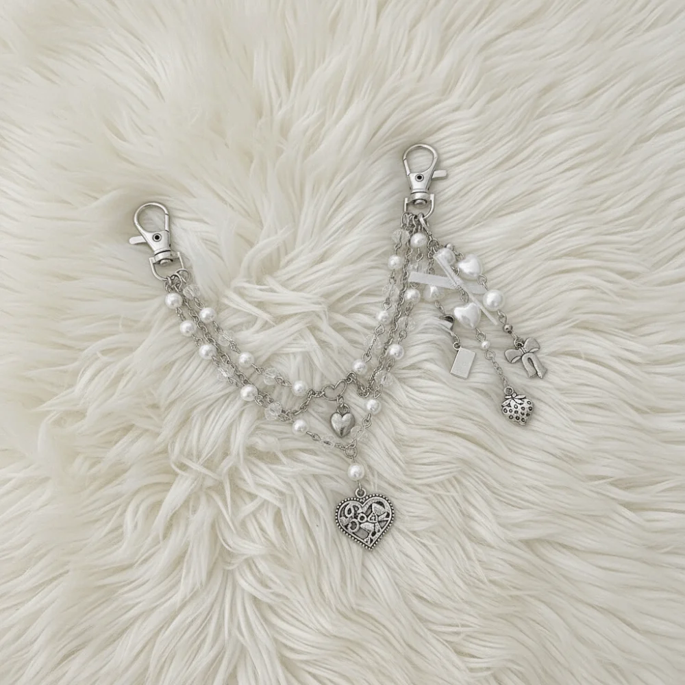Sweet Imitation Pearl Accessories Trendy Heart Acrylic Bag Chain Metal Material Multi-layer Design Beaded Keychain School