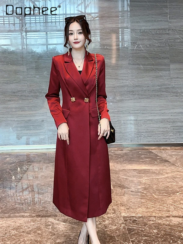 

Высококачественный элегантный светский ацетатный плащ женский средней длины в классическом стиле однобортный плащ с двумя пуговицами и воротником