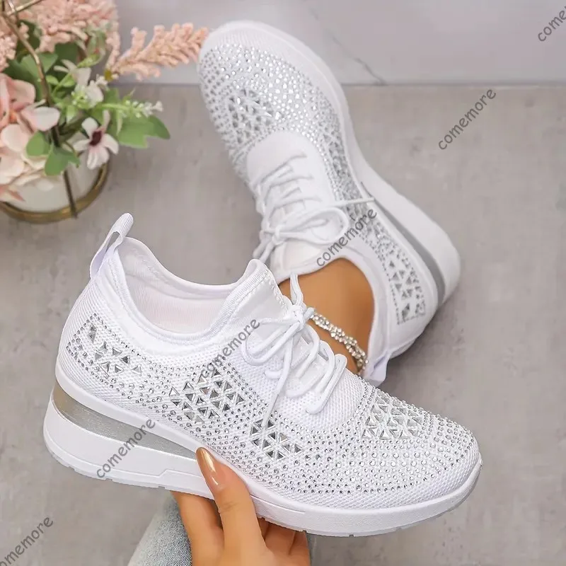 Comemore Women's Shiny Rhinestone Wedge Sneakers Breathable Knit Walking Shoes Woman Plus Size Fashion Thick Sole White Sneakers