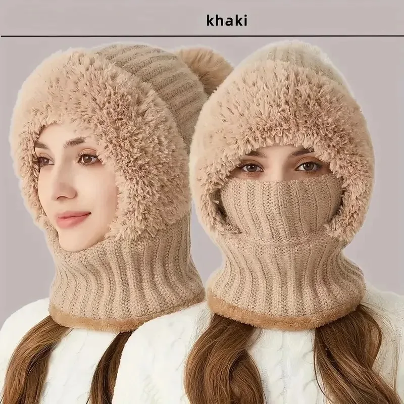 Winter Knitted Hat with Ear Flaps, Mask Neck Integrated Warmth Cover Hat Windproof and Warm Hooded Neck Gaiter for Outdoor Cycli