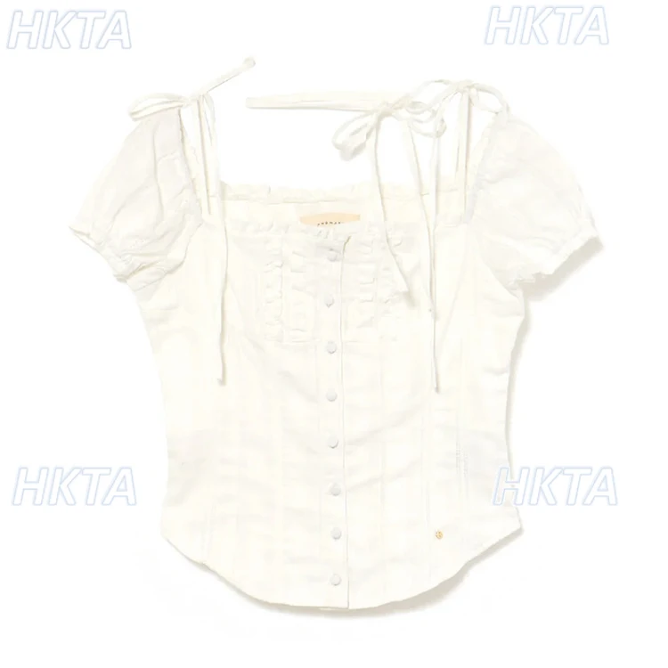 Japońska Słodka Bluzka z Krótkim Rękawem, Sznurowana z Przodu, Zapinana na Klamrę, Dopasowana, z Kwadratowym Dekoltem, Letnia Biała Koszula Damska Camisas