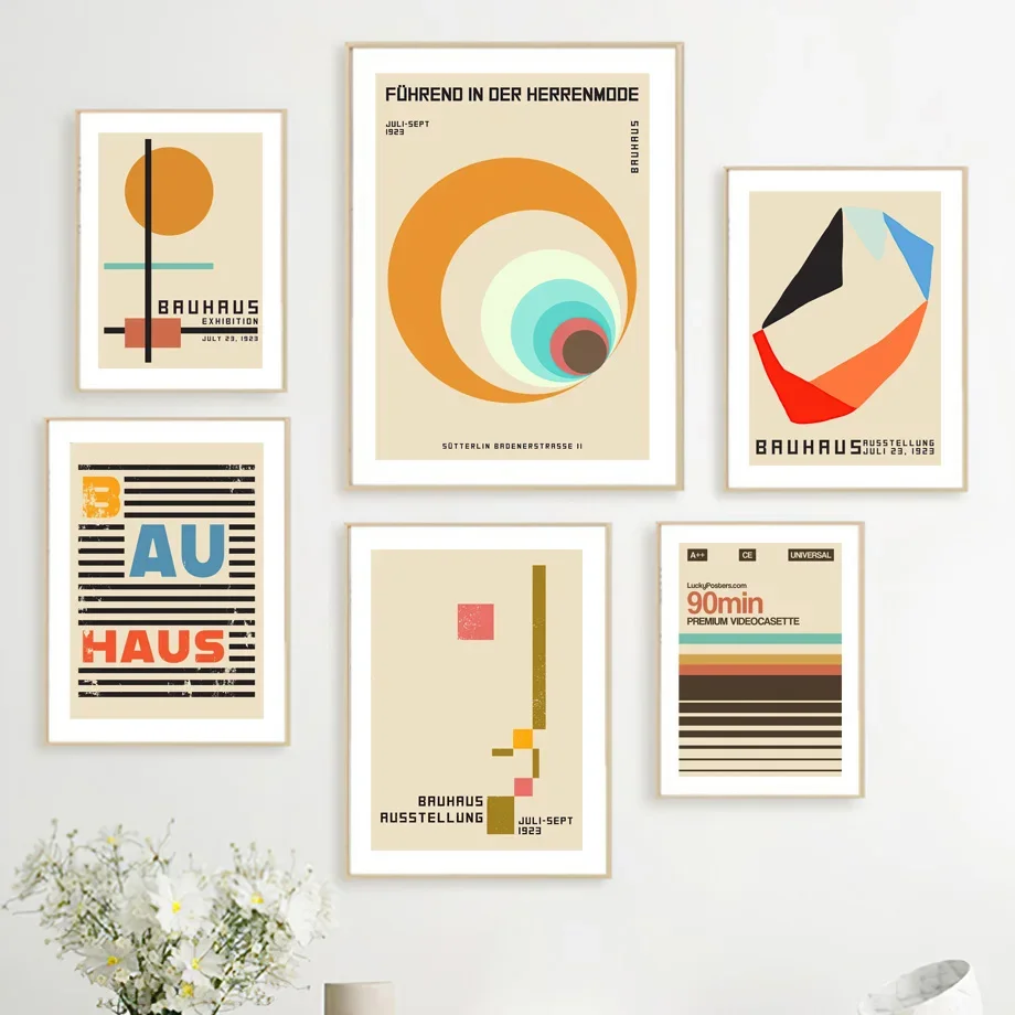 Multiple sizes 1pc frameless Canvas Painting,Bauhaus Exhibition Canvas Wall Art Poster Abstract Geometric Line Circle Vintage Mi