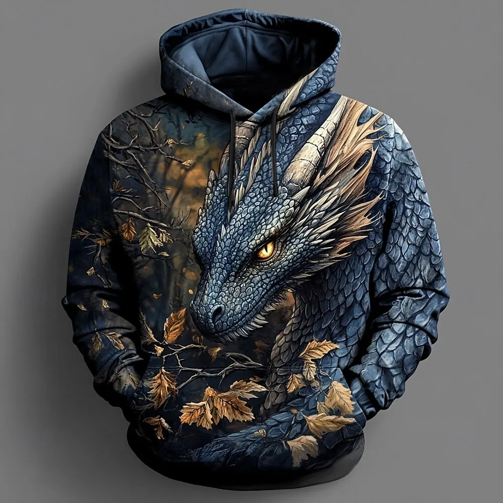 Retro Dragon Pattern Men's Hoodies 3D Print Creative Design Long Sleeve Casual Pullover Fashion Cool Oversize Breathable Clothes